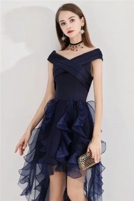 Navy Blue Short Puffy Party Dress High Low With Ruffles - BLS97023