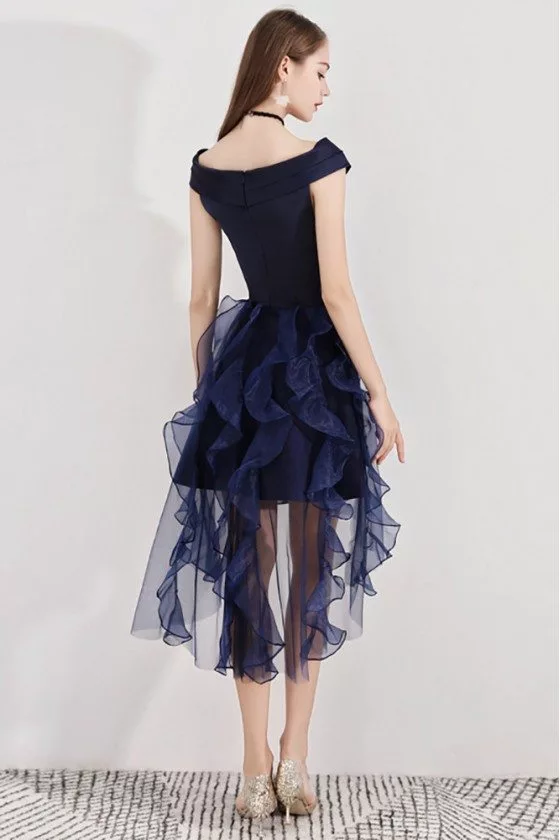dark blue dress puffy Fluffy V Neck Beaded Navy Blue Short Prom Dress, Navy Blue Formal Grad   abcprom