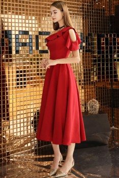 Red Midi Pleated Party Dress For Semi Formal - BLS97048