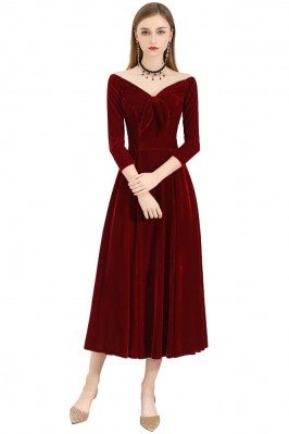 Burgundy Velvet Chic Midi Party Dress Vintage With Sleeves - BLS97054