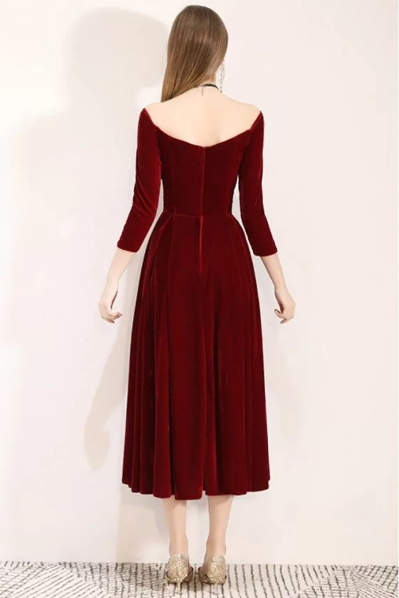 Burgundy Velvet Chic Midi Party Dress Vintage With Sleeves - $64.9 # ...