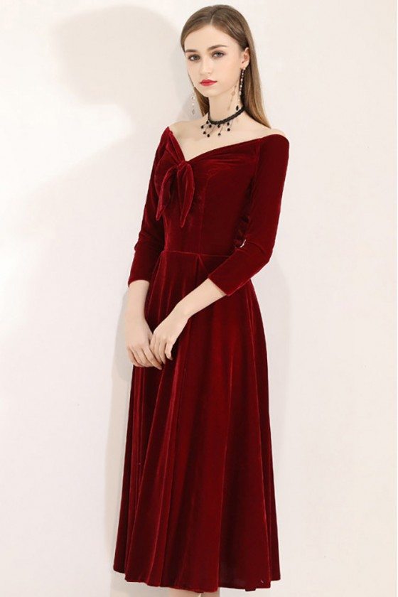 Burgundy Velvet Chic Midi Party Dress Vintage With Sleeves - $64.9 # ...