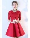 Red Lace Short Party Dress Vneck With Short Sleeves - BLS97004
