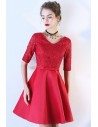 Red Lace Short Party Dress Vneck With Short Sleeves - BLS97004