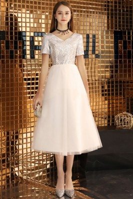 Silver With White Tulle Midi Party Dress With Sleeves - BLS97044