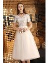 Silver With White Tulle Midi Party Dress With Sleeves - BLS97044
