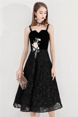 Black Lace Midi Party Dress With Flower Embroidery - BLS97021