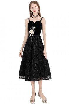 Black Lace Midi Party Dress With Flower Embroidery - BLS97021