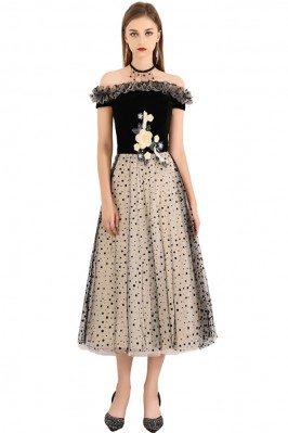Black Polka Dot Off Shoulder Midi Party Dress - BLS97034
