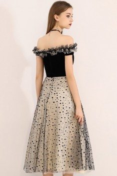 Black Polka Dot Off Shoulder Midi Party Dress - BLS97034