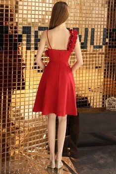 Chic Short Aline Little Red Party Dress With Asymmetrical Straps - BLS97047