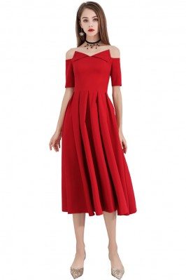 Special Red Midi Party Dress Pleated With Off Shoulder Sleeves - BLS97027