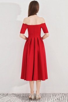 Special Red Midi Party Dress Pleated With Off Shoulder Sleeves - BLS97027