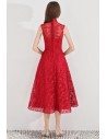 Red Flower Lace Midi Party Dress Sleeveless With High Neck - BLS97024
