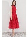 Red Flower Lace Midi Party Dress Sleeveless With High Neck - BLS97024