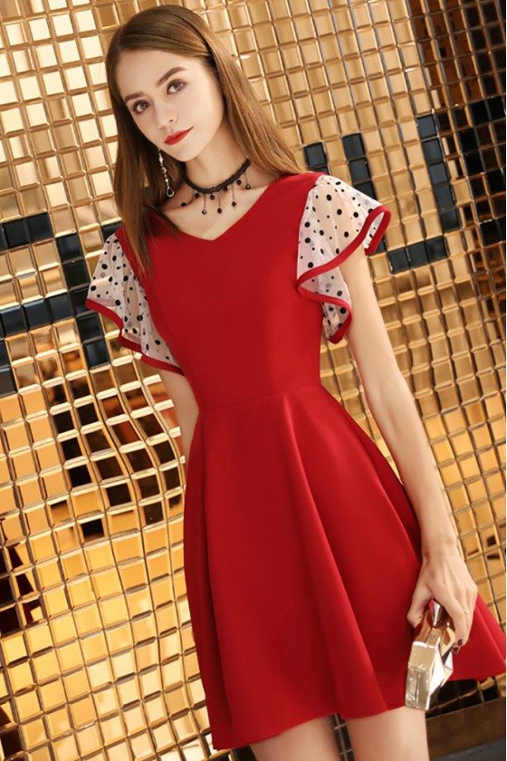 Cute Red Aline Short Dress Vneck With Dotted Sleeves - BLS97043
