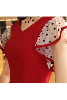 Cute Red Aline Short Dress Vneck With Dotted Sleeves - BLS97043