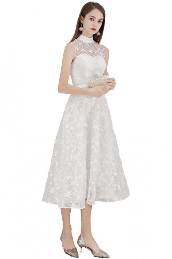 White Lace Aline Party Dress Elegant Midi Length Sleeveless - $64.98 #