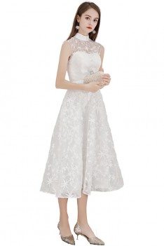 White Lace Aline Party Dress Elegant Midi Length Sleeveless - BLS97036