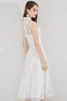 White Lace Aline Party Dress Elegant Midi Length Sleeveless - BLS97036