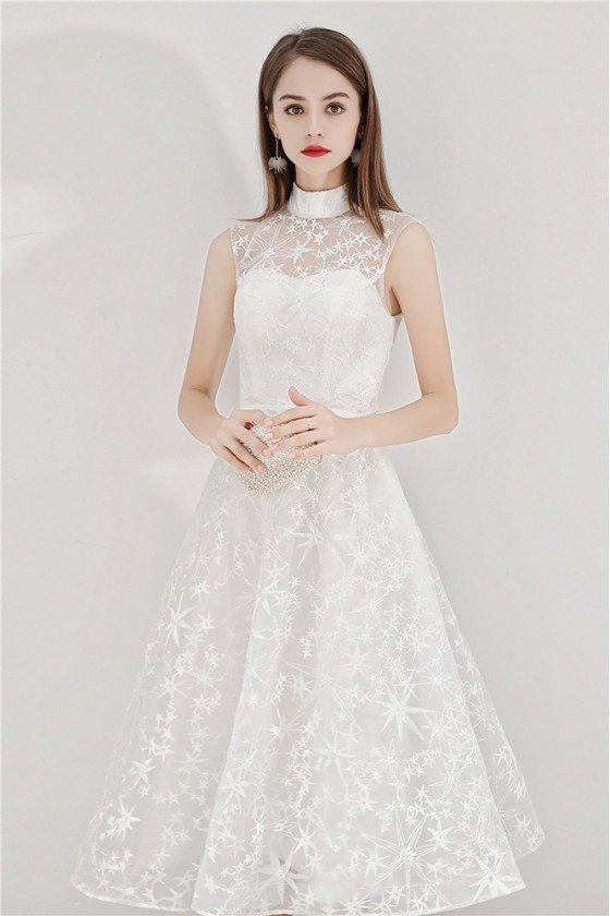 White Lace Aline Party Dress Elegant Midi Length Sleeveless 6498 Bls97036 