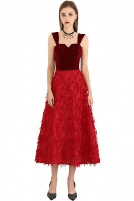 Two Tone Red Colors Midi Length Party Dress With Straps - BLS97033