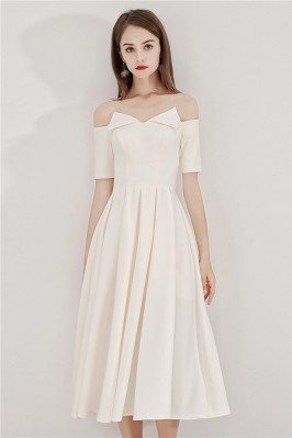 Light Champagne Midi Party Dress With Off Shoulder Sleeves - BLS97037