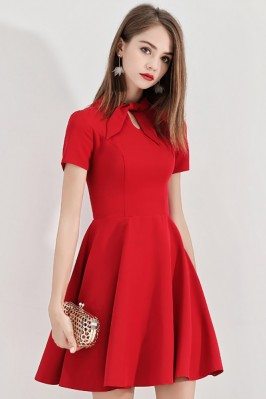 Retro Little Red Hoco Dress Bow Knock With Short Sleeves - BLS97014