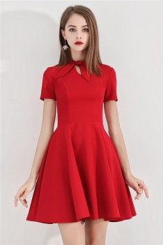 Retro Little Red Hoco Dress Bow Knock With Short Sleeves - BLS97014