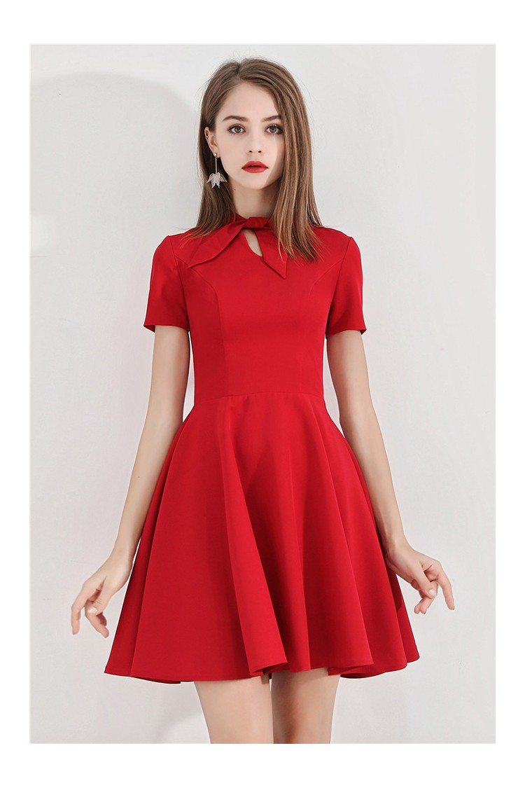 Retro Little Red Hoco Dress Bow Knock With Short Sleeves - $56.1 # ...