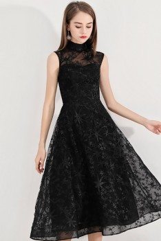 Retro Black Lace High Neck Midi Length Party Dress Sleeveless - BLS97026