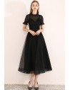 Retro Black Tulle Midi Party Dress With Short Sleeves - BLS97029