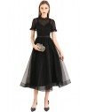 Retro Black Tulle Midi Party Dress With Short Sleeves - BLS97029