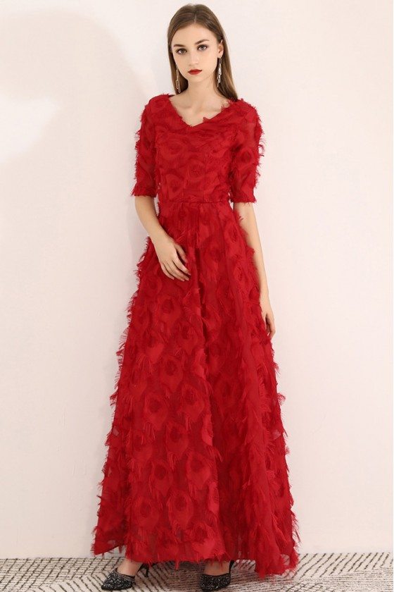 Long Red Special Feather Party Dress Vneck With Sleeves - BLS97032