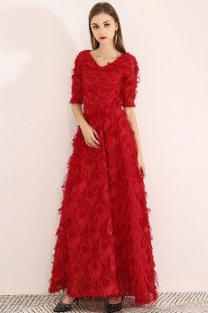 Long Red Special Feather Party Dress Vneck With Sleeves - BLS97032