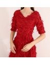 Long Red Special Feather Party Dress Vneck With Sleeves - BLS97032