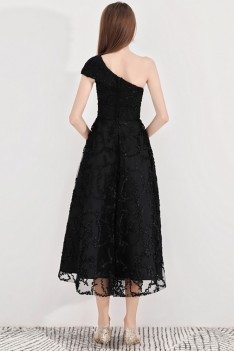 Black Lace Midi Party Dress With Special One Shoulder - BLS97025