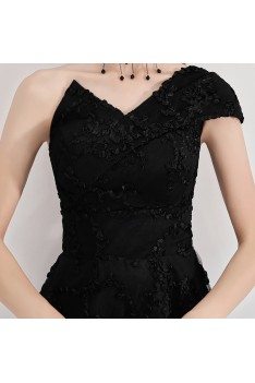 Black Lace Midi Party Dress With Special One Shoulder - BLS97025