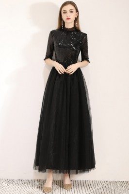 Sequins With Tulle Long Black Party Dress With Half Sleeves - BLS97053