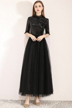 Sequins With Tulle Long Black Party Dress With Half Sleeves - BLS97053