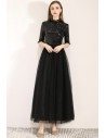Sequins With Tulle Long Black Party Dress With Half Sleeves - BLS97053