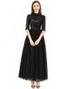 Sequins With Tulle Long Black Party Dress With Half Sleeves - BLS97053