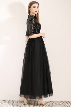 Sequins With Tulle Long Black Party Dress With Half Sleeves - BLS97053