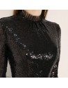 Sequins With Tulle Long Black Party Dress With Half Sleeves - BLS97053