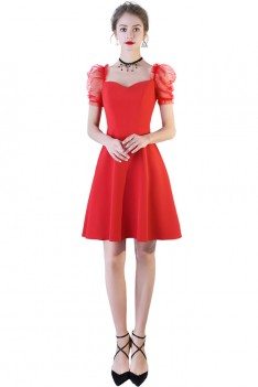 Little Red Short Party Dress Aline With Bubble Sleeves - BLS97002