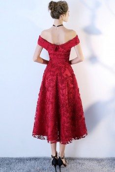 High Low Aline Red Lace Party Dress Off Shoulder - BLS97003
