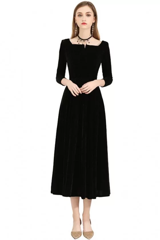 Vintage Simple Black Midi Dress With 3/4 Sleeves Square Neckline - BLS97051