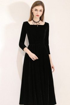 Vintage Simple Black Midi Dress With 3/4 Sleeves Square Neckline - BLS97051