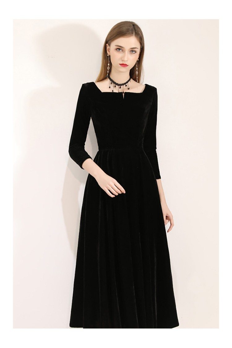 Vintage Simple Black Midi Dress With 3/4 Sleeves Square Neckline - $64. ...