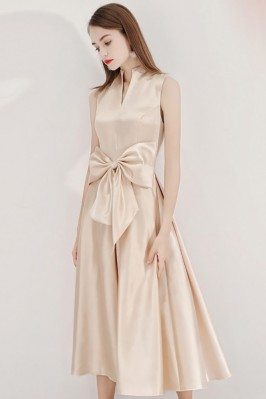 Tea Length Chic Champagne Party Dress Sleeveless With Big Bow - BLS97005